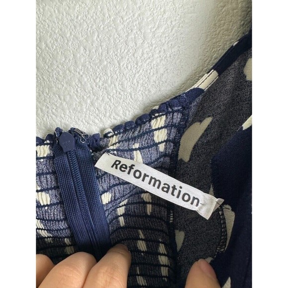 Reformation Women's Cami Mini Dress Splatter Puff Sleeve Navy White Size 4 - Picture 5 of 11